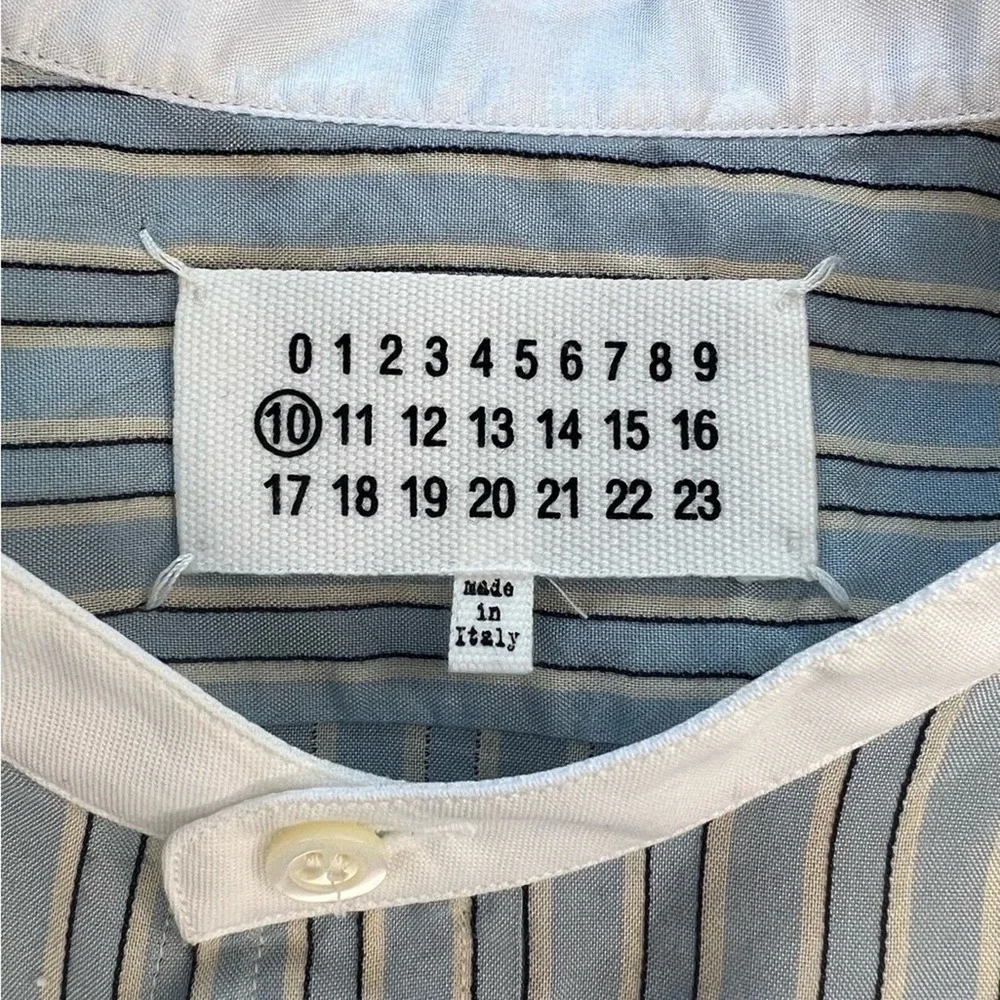 Maison Margiela Blue Pinstriped Band Collar Men’s Long Sleeve Button Up Shirt - Picture 5 of 11